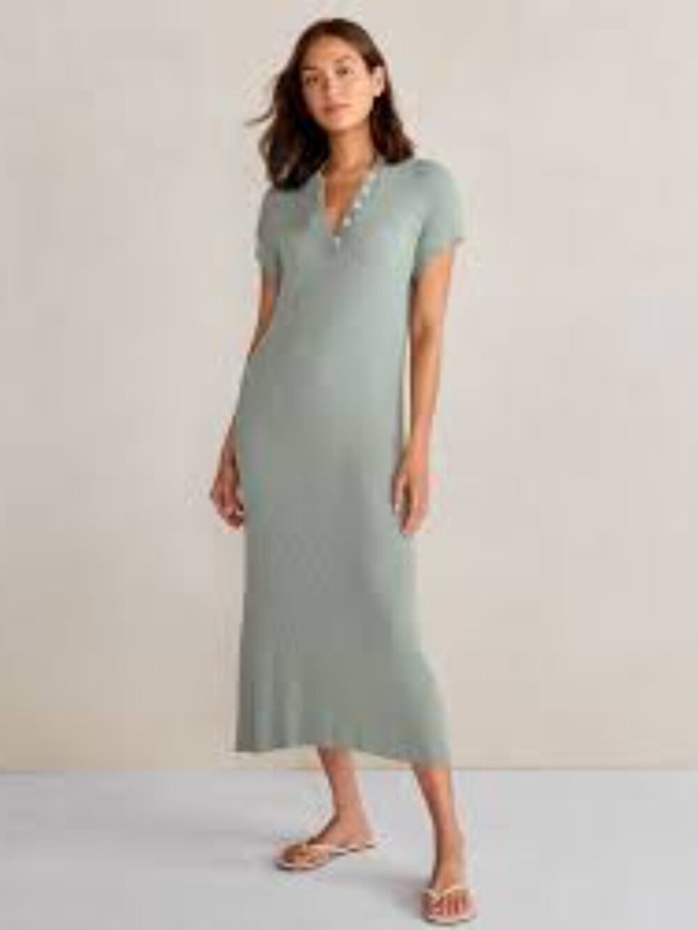 Varley Aria Knit Ribbed V-Neck Midi Dress in Green Milieu XS